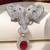 Silver plated ruby red stone twin elephant brooch