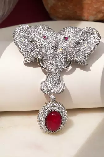 Silver plated ruby red stone twin elephant brooch