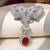 Silver plated ruby red stone twin elephant brooch
