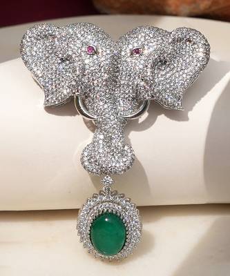 Silver plated green stone twin elephant brooch 1