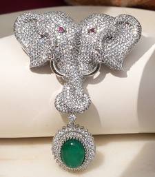 Silver plated green stone twin elephant brooch
