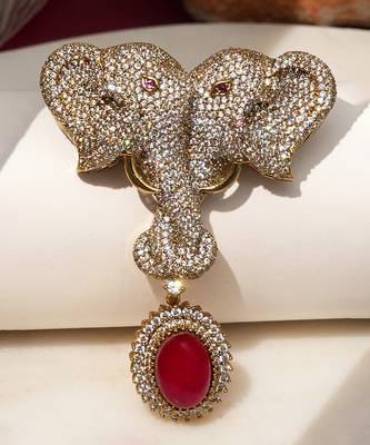 Gold plated ruby red stone twin elephant brooch 1