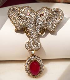 Gold plated ruby red stone twin elephant brooch