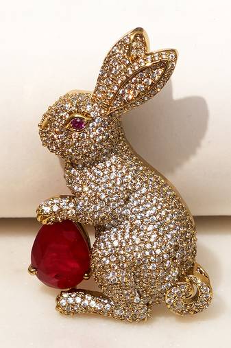 Gold plated red stone rabbit motif brooch