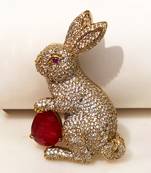 Gold plated red stone rabbit motif brooch