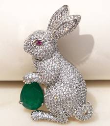Silver plated green stone rabbit motif brooch