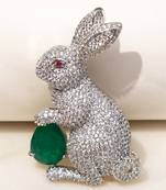 Silver plated green stone rabbit motif brooch