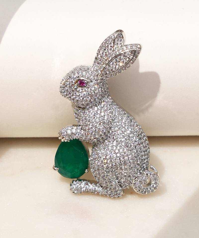 Silver plated green stone rabbit motif brooch