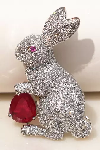 Silver plated red stone rabbit motif brooch