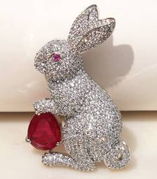 Silver plated red stone rabbit motif brooch