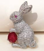 Silver plated red stone rabbit motif brooch