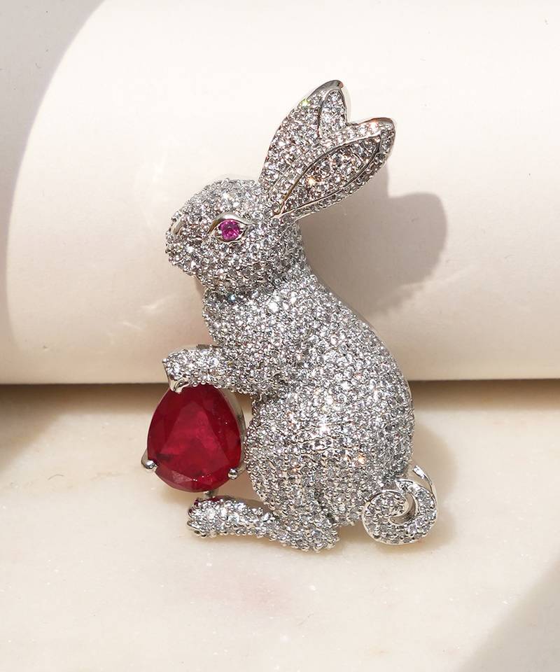 Silver plated red stone rabbit motif brooch