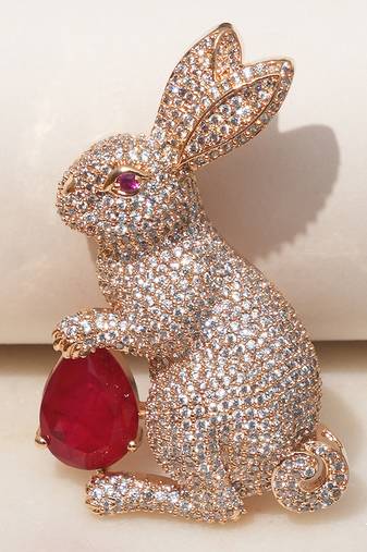 Gold plated ruby red stone rabbit motif brooch