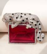 Silver plated ruby red stone crouching leopard brooch