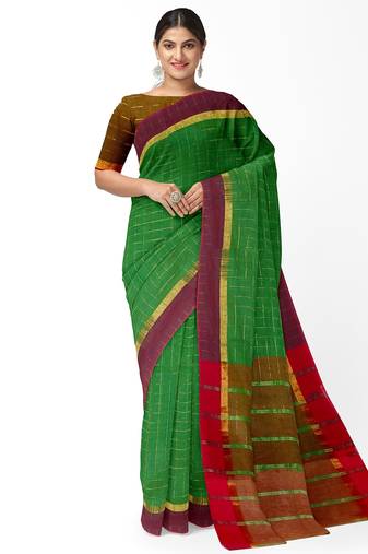 Leaf green checked saree with wine border