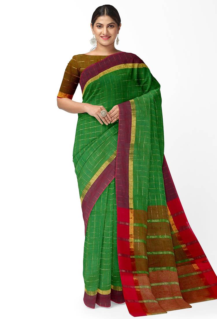 Leaf green checked saree with wine border