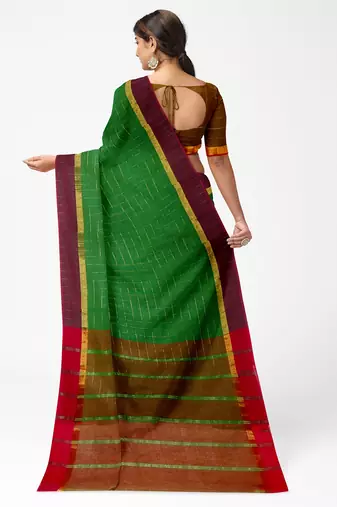Leaf green checked saree with wine border