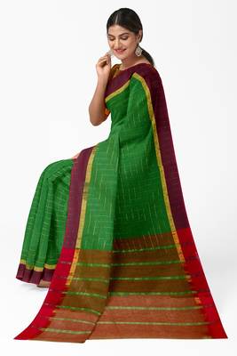 Leaf green checked saree with wine border 3