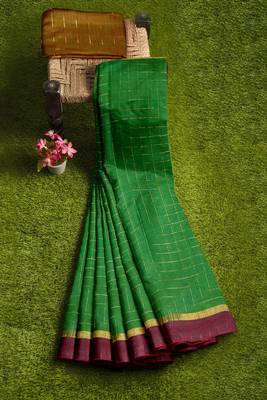 Leaf green checked saree with wine border 4