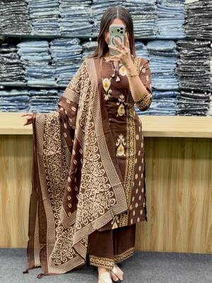Women's Cotton Printed Kurta Pant with Dupatta Set – Brown 1