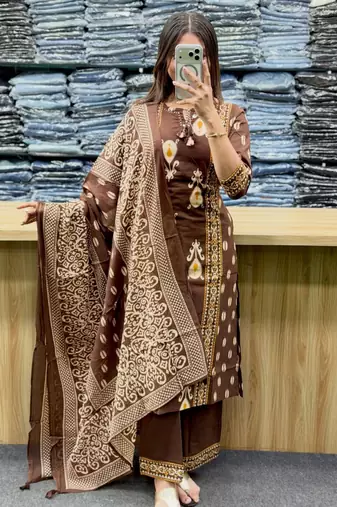 Women's Cotton Printed Kurta Pant with Dupatta Set – Brown