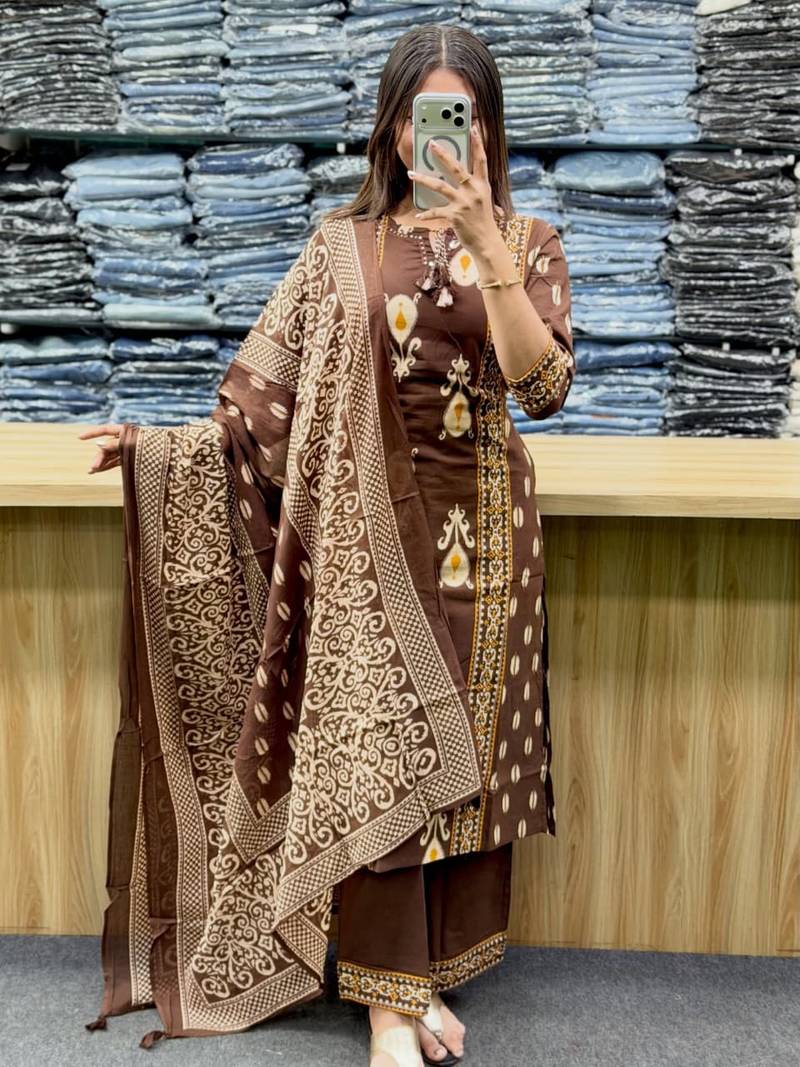 Women's Cotton Printed Kurta Pant with Dupatta Set – Brown