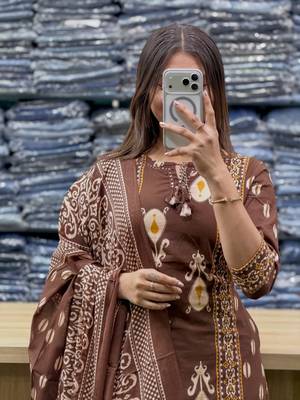 Women's Cotton Printed Kurta Pant with Dupatta Set – Brown 2