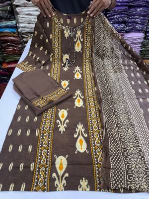 Women's Cotton Printed Kurta Pant with Dupatta Set – Brown 3