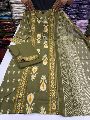Women's Cotton Printed Kurta Pant with Dupatta -Green 1