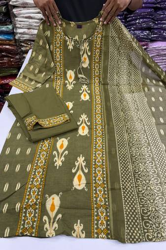 Women's Cotton Printed Kurta Pant with Dupatta -Green