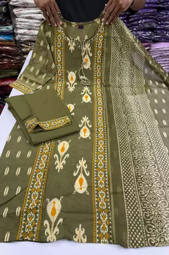 Women's Cotton Printed Kurta Pant with Dupatta -Green