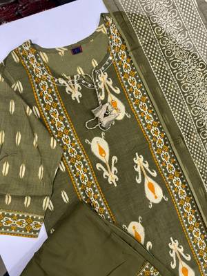 Women's Cotton Printed Kurta Pant with Dupatta -Green 2
