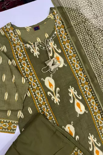 Women's Cotton Printed Kurta Pant with Dupatta -Green