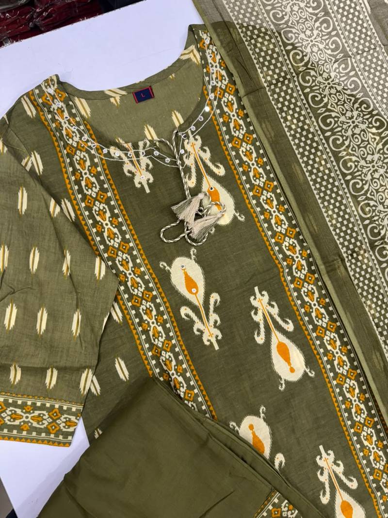 Women's Cotton Printed Kurta Pant with Dupatta -Green