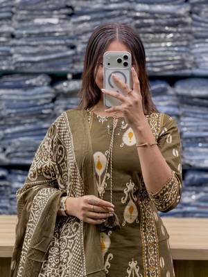 Women's Cotton Printed Kurta Pant with Dupatta -Green 3