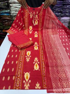 Women's Cotton Printed Kurta Pant with Dupatta -RED 1
