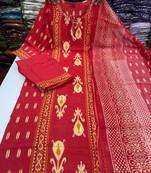 Women's Cotton Printed Kurta Pant with Dupatta -RED