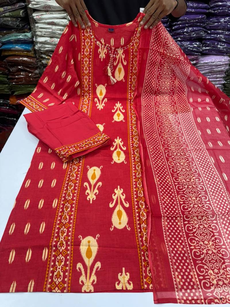 Women's Cotton Printed Kurta Pant with Dupatta -RED