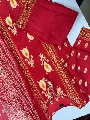 Women's Cotton Printed Kurta Pant with Dupatta -RED 2