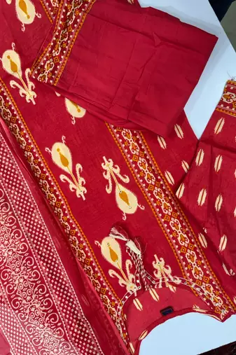 Women's Cotton Printed Kurta Pant with Dupatta -RED