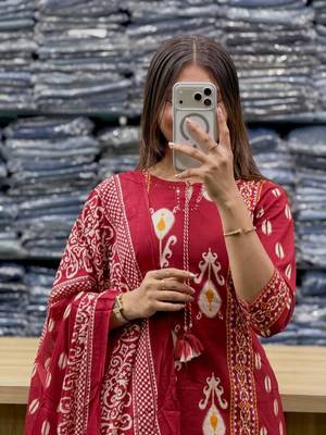 Women's Cotton Printed Kurta Pant with Dupatta -RED 3