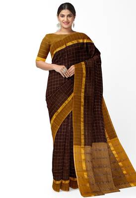 coffee brown checked cotton blend saree with mustard border 1