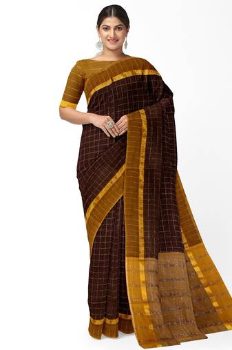 coffee brown checked cotton blend saree with mustard border