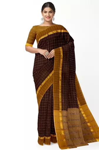 coffee brown checked cotton blend saree with mustard border