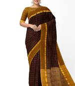 coffee brown checked cotton blend saree with mustard border