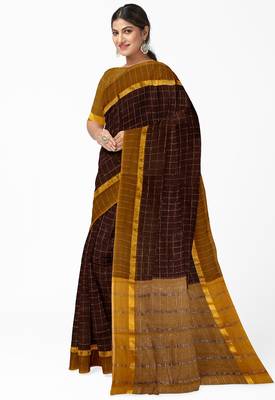 coffee brown checked cotton blend saree with mustard border 2