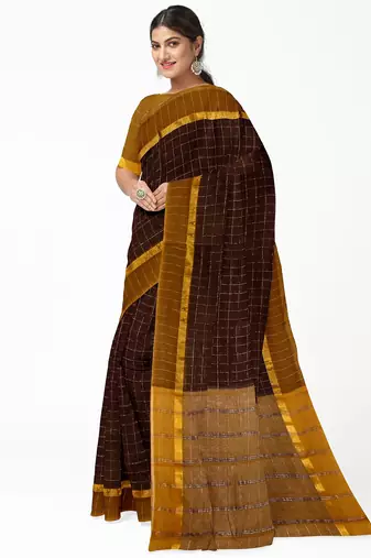 coffee brown checked cotton blend saree with mustard border