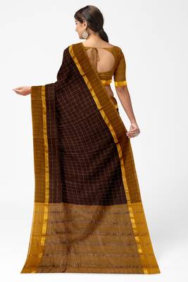 coffee brown checked cotton blend saree with mustard border 3