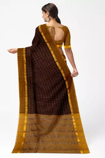 coffee brown checked cotton blend saree with mustard border