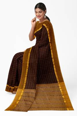 coffee brown checked cotton blend saree with mustard border 4